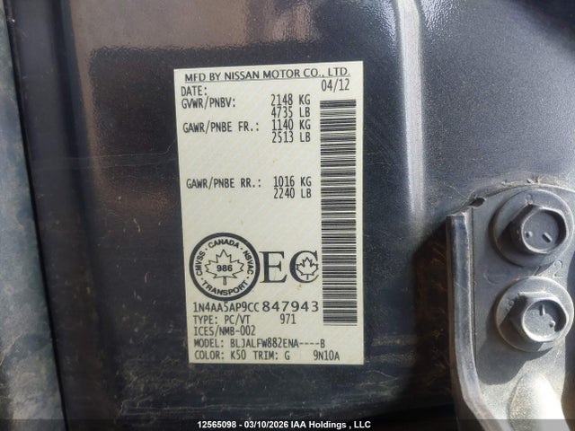 Aukcja sprzedaży 2012 Nissan Maxima Sv, vin: 1N4AA5AP9CC847943, numer aukcji: 12565098