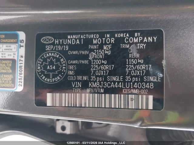 Продажа на аукционе авто 2020 Hyundai Tucson Limited/sel/sport/ultimate/value, vin: KM8J3CA44LU140348, номер лота: 12565101