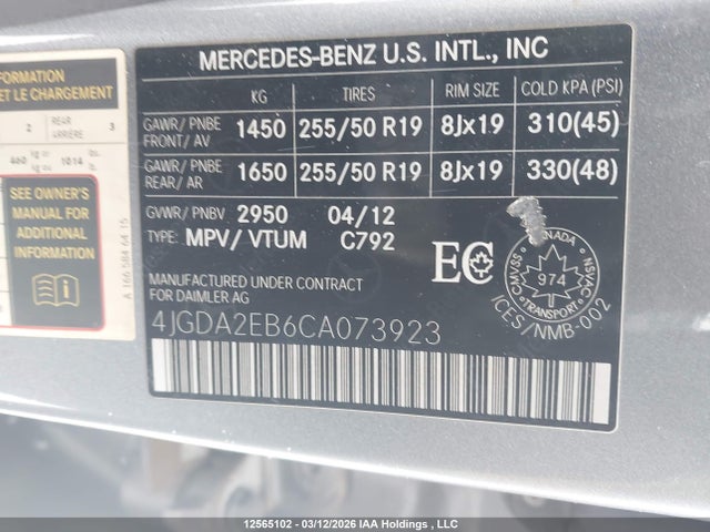 12565102 :رقم المزاد ، 4JGDA2EB6CA073923 vin ، 2012 Mercedes-benz Ml 350 Bluetec مزاد بيع