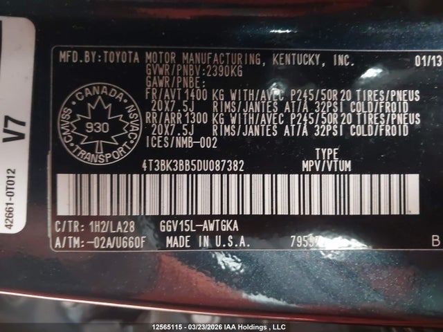 2013 Toyota Venza Base V6 მანქანა იყიდება აუქციონზე, vin: 4T3BK3BB5DU087382, აუქციონის ნომერი: 12565115