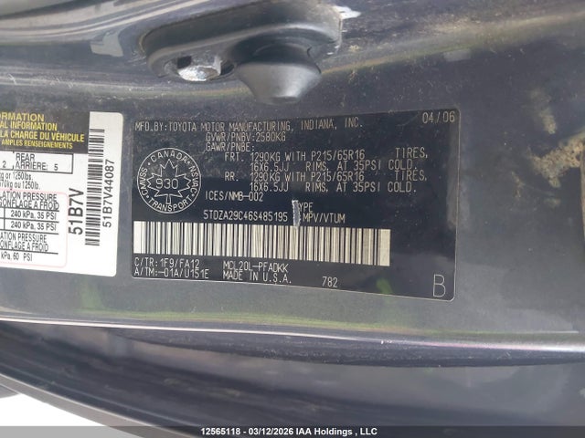 Aukcja sprzedaży 2006 Toyota Sienna Ce, vin: 5TDZA29C46S485195, numer aukcji: 12565118
