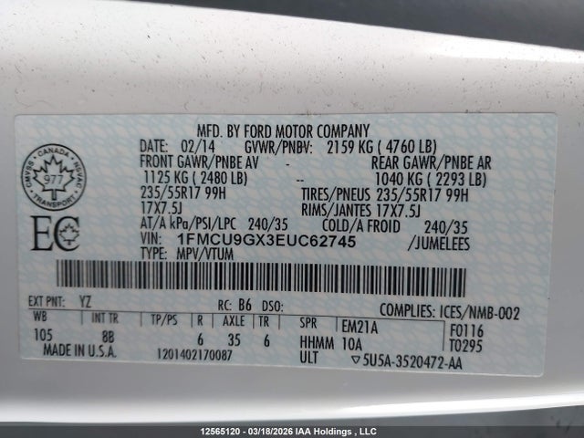 1FMCU9GX3EUC62745 Ford ESCAPE SE