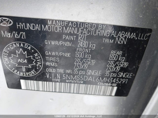 Продажа на аукционе авто 2021 Hyundai Santa Fe Ultimate Calligraphy, vin: 5NMS5DAL6MH345291, номер лота: 12565129