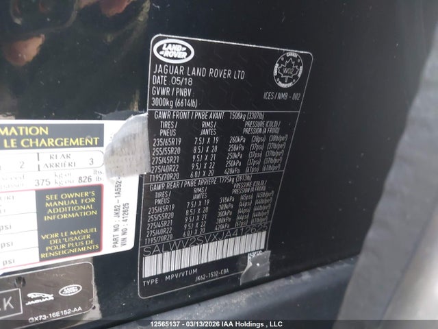 12565137 :رقم المزاد ، SALWV2SVXJA412625 vin ، 2018 Land Rover Range Rover Sport Hse Dynamic مزاد بيع