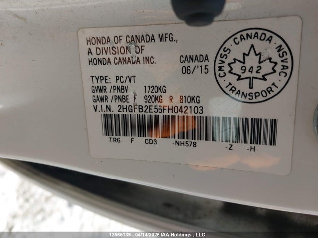 Продаж на аукціоні авто 2015 Honda Civic Ex, vin: 2HGFB2E56FH042103, номер лоту: 12565139