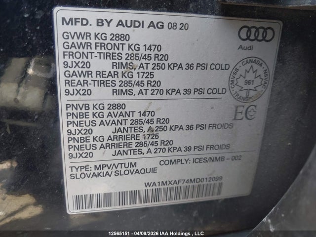 Aukcja sprzedaży 2021 Audi Q7, vin: WA1MXAF74MD012099, numer aukcji: 12565151