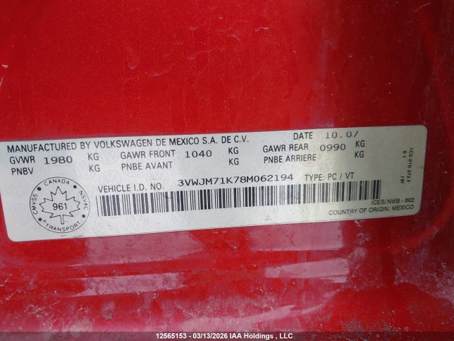 12565153 :رقم المزاد ، 3VWJM71K78M062194 vin ، 2008 Volkswagen Jetta S مزاد بيع