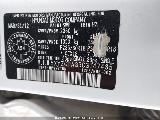 Aukcja sprzedaży 2012 Hyundai Santa Fe Gls, vin: 5XYZGDAG5CG147435, numer aukcji: 12565159