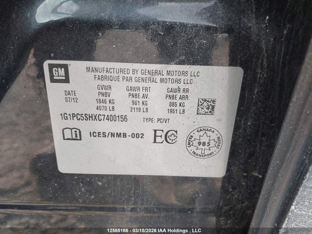 2012 Chevrolet Cruze Ls მანქანა იყიდება აუქციონზე, vin: 1G1PC5SHXC7400156, აუქციონის ნომერი: 12565166