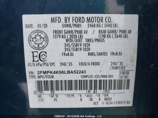 12565167 :رقم المزاد ، 2FMPK4K96LBA52243 vin ، 2020 Ford Edge Titanium مزاد بيع