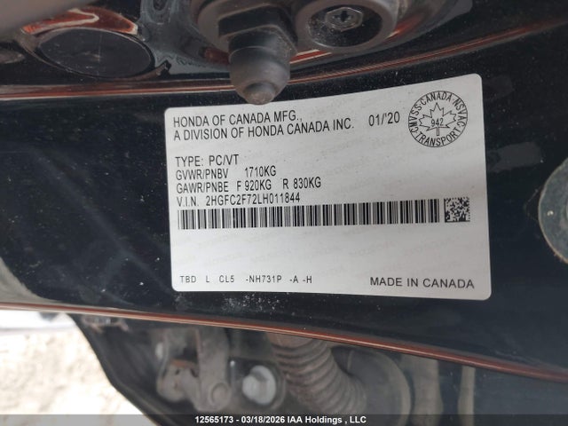Aukcja sprzedaży 2020 Honda Civic Ex 4dr, vin: 2HGFC2F72LH011844, numer aukcji: 12565173