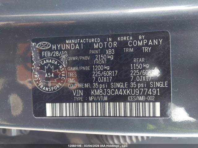 Aukcja sprzedaży 2019 Hyundai Tucson Preferred, vin: KM8J3CA4XKU977491, numer aukcji: 12560106