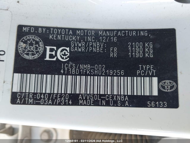 12565181 :رقم المزاد ، 4T1BD1FK5HU219256 vin ، 2017 Toyota Camry Hybrid/le/xle/se مزاد بيع