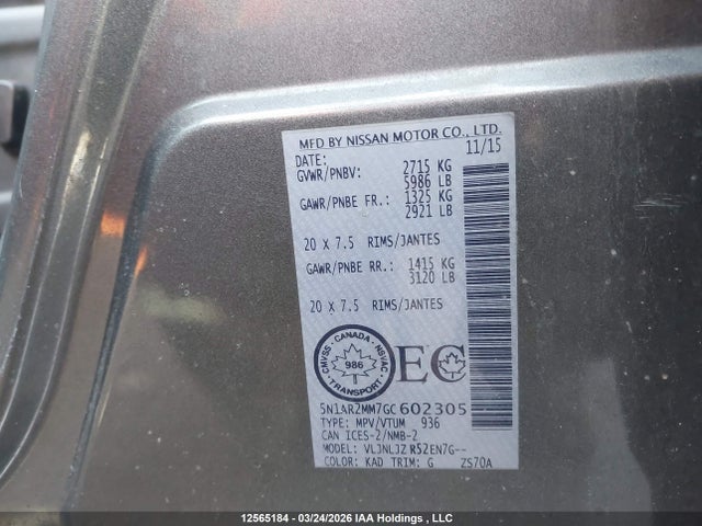 5N1AR2MM7GC602305 Nissan Pathfinder Platinum/s/sl/sv