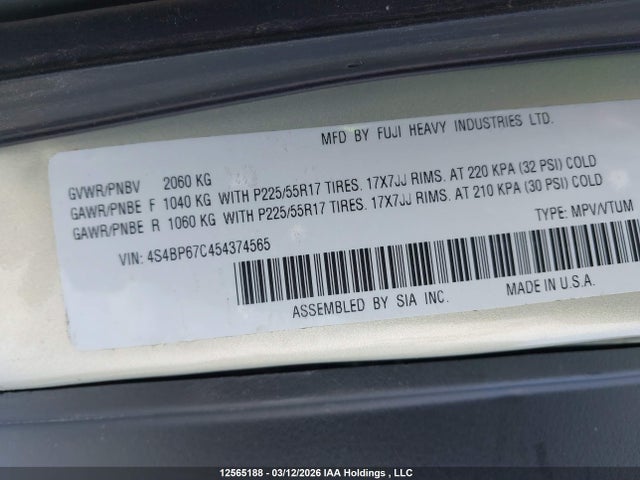 Aukcja sprzedaży 2005 Subaru Outback 2.5xt Limited, vin: 4S4BP67C454374565, numer aukcji: 12565188