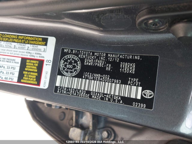 12565193 :رقم المزاد ، 4T1BK1EB4DU007983 vin ، 2013 Toyota Avalon Xle مزاد بيع