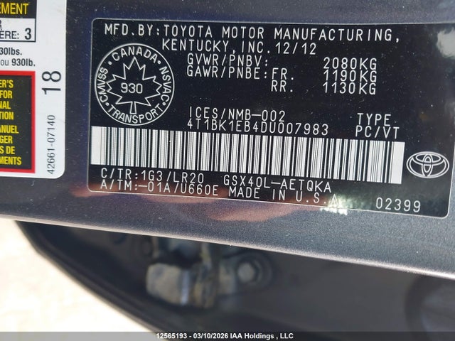 12565193 :رقم المزاد ، 4T1BK1EB4DU007983 vin ، 2013 Toyota Avalon Xle مزاد بيع