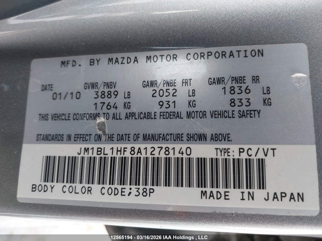 Aukcja sprzedaży 2010 Mazda Mazda3 Gx, vin: JM1BL1HF8A1278140, numer aukcji: 12565194