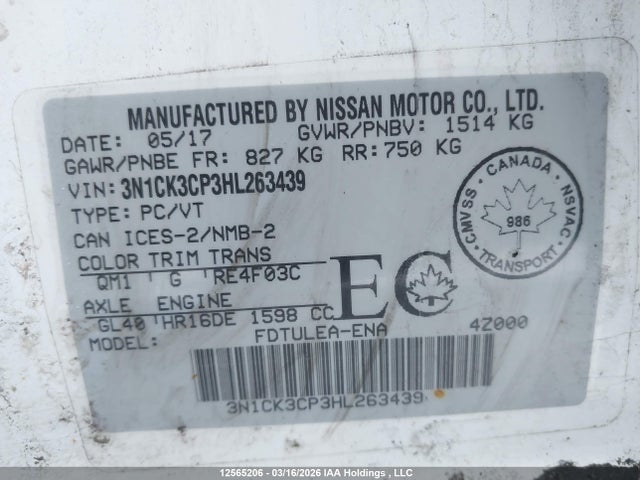 Aukcja sprzedaży 2017 Nissan Micra S/sr/sv, vin: 3N1CK3CP3HL263439, numer aukcji: 12565206