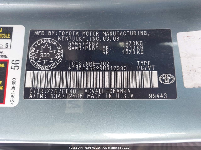 Aukcja sprzedaży 2009 Toyota Camry, vin: 4T1BE46K29U812993, numer aukcji: 12565214