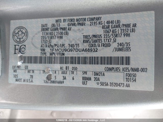 Aukcja sprzedaży 2013 Ford Escape Se, vin: 1FMCU9G97DUA68932, numer aukcji: 12565219