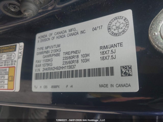 2017 Honda Cr-v Touring მანქანა იყიდება აუქციონზე, vin: 2HKRW2H92HH115637, აუქციონის ნომერი: 12565221