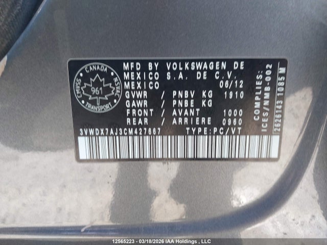 12565223 :رقم المزاد ، 3VWDX7AJ3CM427667 vin ، 2012 Volkswagen Jetta Sedan مزاد بيع