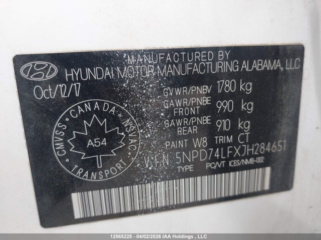 12565225 :رقم المزاد ، 5NPD74LFXJH284651 vin ، 2018 Hyundai Elantra Le مزاد بيع