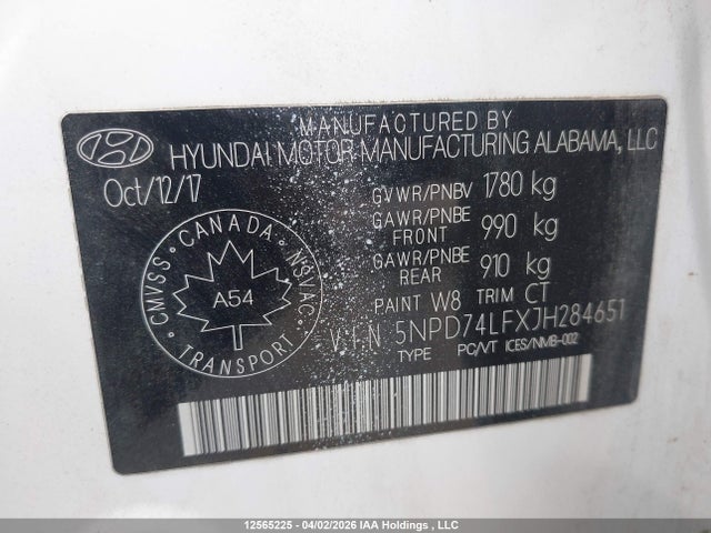 12565225 :رقم المزاد ، 5NPD74LFXJH284651 vin ، 2018 Hyundai Elantra Le مزاد بيع