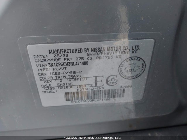 Aukcja sprzedaży 2024 Nissan Kicks Sv, vin: 3N1CP5CV3RL471480, numer aukcji: 12565226
