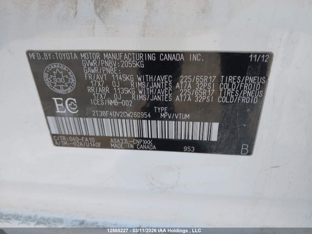 12565227 :رقم المزاد ، 2T3BF4DV2CW260954 vin ، 2012 Toyota Rav4 مزاد بيع