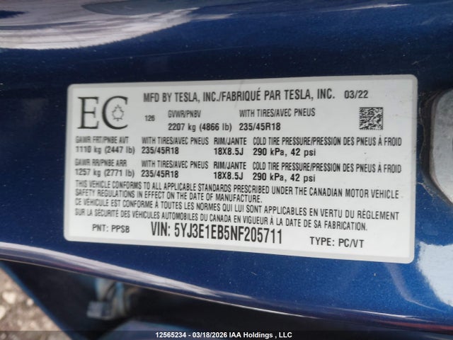 Aukcja sprzedaży 2022 Tesla Model 3 Long Range, vin: 5YJ3E1EB5NF205711, numer aukcji: 12565234