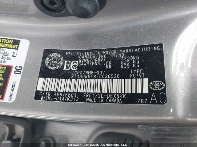 2014 Toyota Corolla L/le/le Pls/prm/s/s Pls მანქანა იყიდება აუქციონზე, vin: 2T1BURHE8EC036520, აუქციონის ნომერი: 12565237