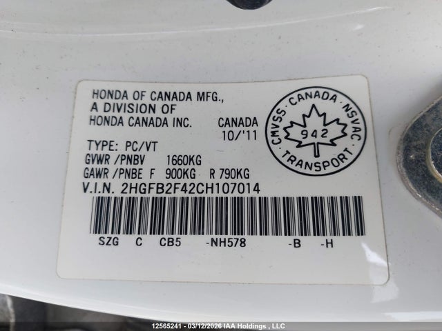 Продажа на аукционе авто 2012 Honda Civic Lx, vin: 2HGFB2F42CH107014, номер лота: 12565241