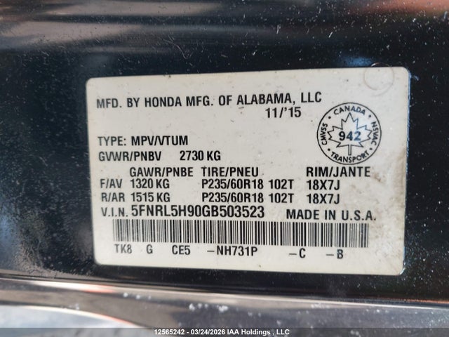 Aukcja sprzedaży 2016 Honda Odyssey Touring, vin: 5FNRL5H90GB503523, numer aukcji: 12565242