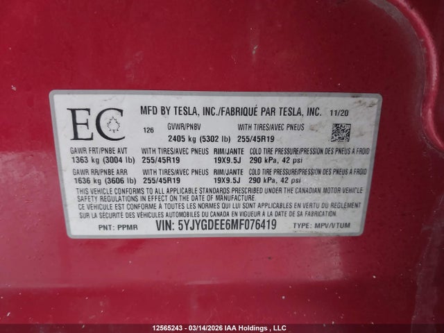 Aukcja sprzedaży 2021 Tesla Model Y Long Range, vin: 5YJYGDEE6MF076419, numer aukcji: 12565243