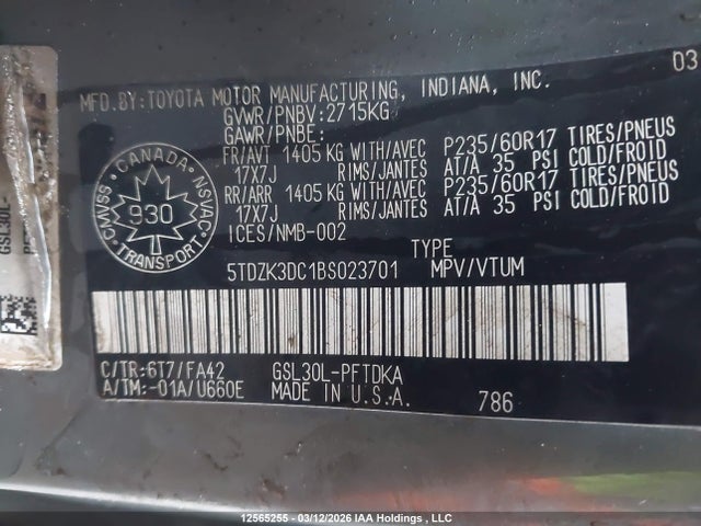 Aukcja sprzedaży 2011 Toyota Sienna V6 7 Passenger, vin: 5TDZK3DC1BS023701, numer aukcji: 12565255