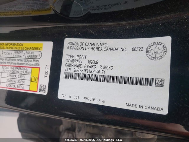 12565257 :رقم المزاد ، 2HGFE1F91NH006174 vin ، 2022 Honda Civic مزاد بيع
