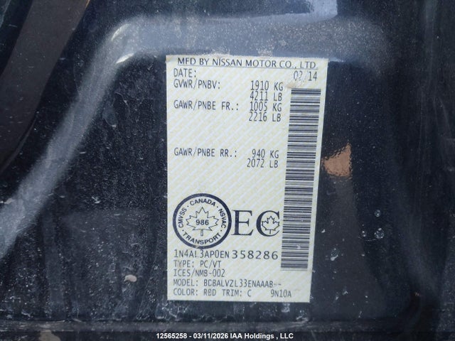 2014 Nissan Altima 2.5/s/sv/sl მანქანა იყიდება აუქციონზე, vin: 1N4AL3AP0EN358286, აუქციონის ნომერი: 12565258
