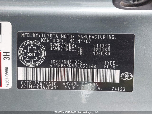 Aukcja sprzedaży 2008 Toyota Camry Hybrid, vin: 4T1BB46K58U053148, numer aukcji: 12565259