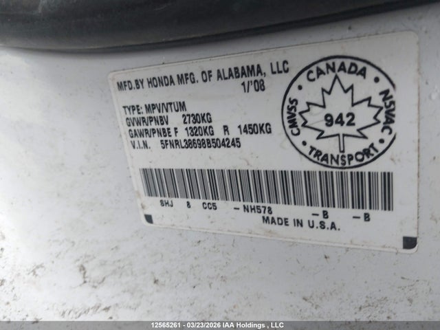 2008 Honda Odyssey Exl მანქანა იყიდება აუქციონზე, vin: 5FNRL38698B504245, აუქციონის ნომერი: 12565261
