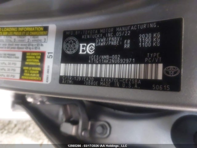 Aukcja sprzedaży 2022 Toyota Camry Se, vin: 4T1G11AK2NU692971, numer aukcji: 12565266