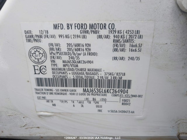 MAJ6S3GL6KC264904 Ford Ecosport Se
