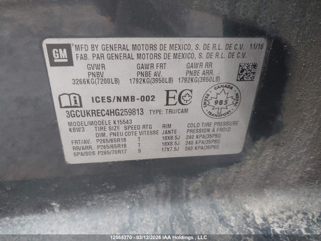 3GCUKREC4HG259813 Chevrolet Silverado K1500 Lt