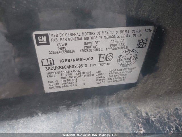 3GCUKREC4HG259813 Chevrolet Silverado K1500 Lt