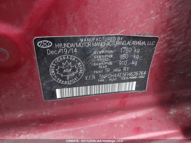 12565276 :رقم المزاد ، 5NPDH4AE5FH626764 vin ، 2015 Hyundai Elantra مزاد بيع