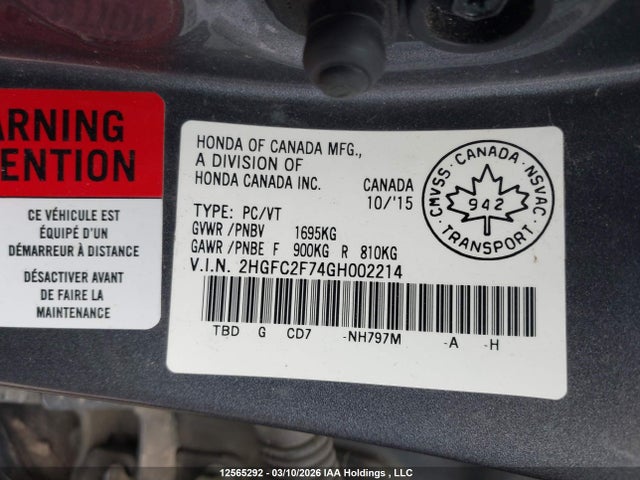 Продажа на аукционе авто 2016 Honda Civic Ex, vin: 2HGFC2F74GH002214, номер лота: 12565292