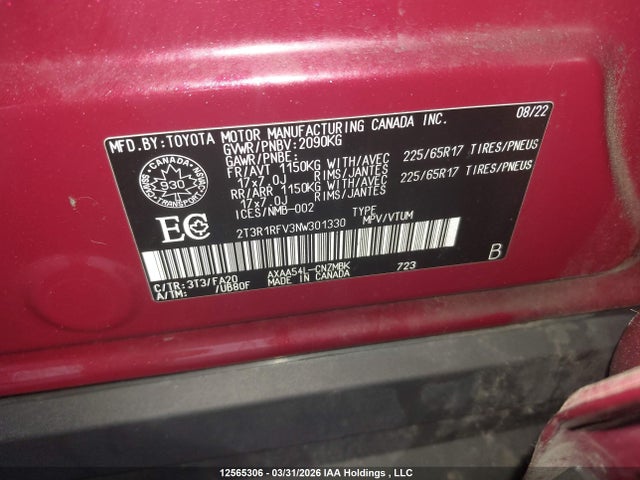 2022 Toyota Rav4 Xle/xle Premium მანქანა იყიდება აუქციონზე, vin: 2T3R1RFV3NW301330, აუქციონის ნომერი: 12565306