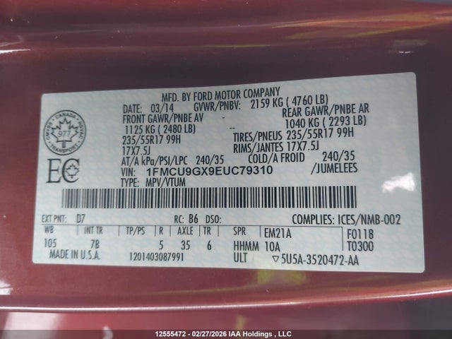 1FMCU9GX9EUC79310 Ford ESCAPE SE