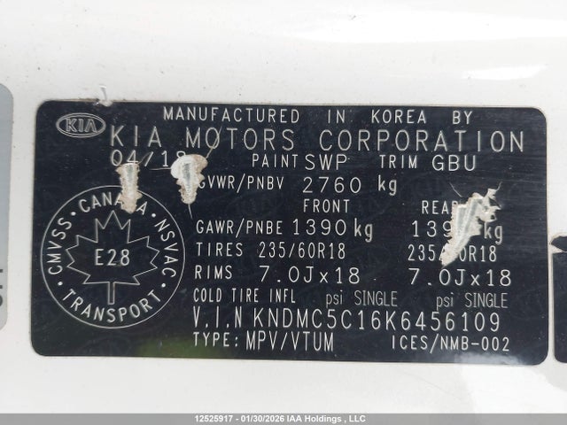 KNDMC5C16K6456109 KIA Sedona Sx